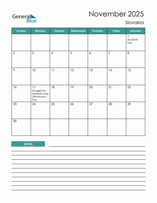 Calendar with Notes Printable - Sunday Start