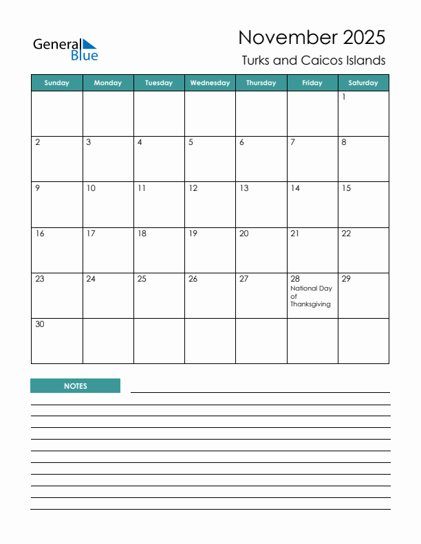 Calendar with Notes Printable - Sunday Start