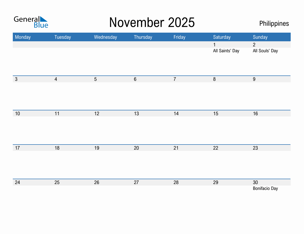 Editable November 2025 Calendar with Philippines Holidays (Monday Start)