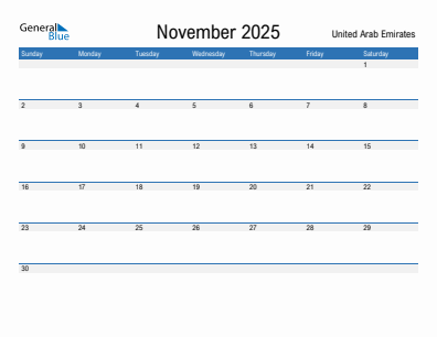 Current month calendar with United Arab Emirates holidays for November 2025