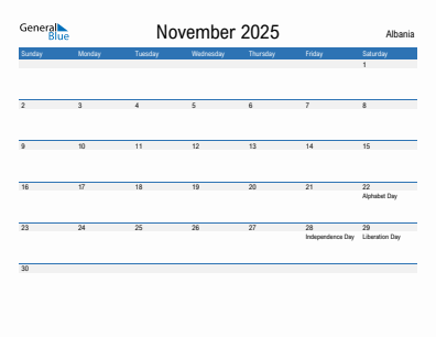Current month calendar with Albania holidays for November 2025