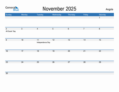 Current month calendar with Angola holidays for November 2025