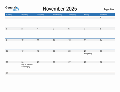 Current month calendar with Argentina holidays for November 2025