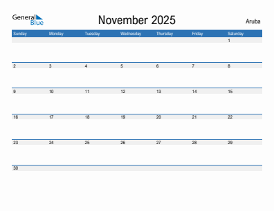 Current month calendar with Aruba holidays for November 2025