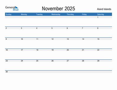 Current month calendar with Aland Islands holidays for November 2025