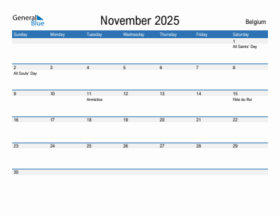Current month calendar with Belgium holidays for November 2025