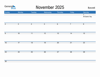 Current month calendar with Burundi holidays for November 2025