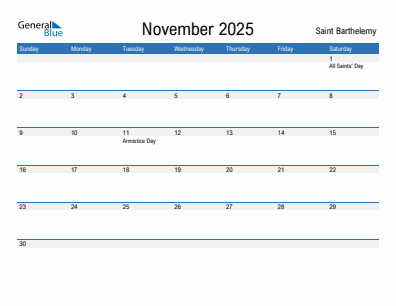 Current month calendar with Saint Barthelemy holidays for November 2025