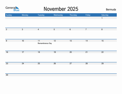 Current month calendar with Bermuda holidays for November 2025