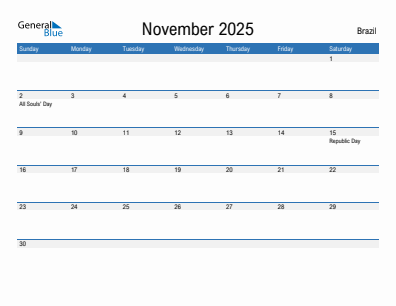 Current month calendar with Brazil holidays for November 2025
