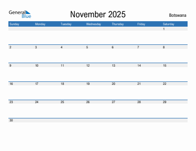 Current month calendar with Botswana holidays for November 2025