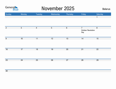 Current month calendar with Belarus holidays for November 2025