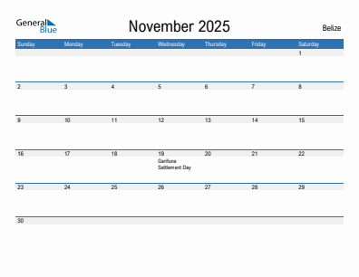 Current month calendar with Belize holidays for November 2025