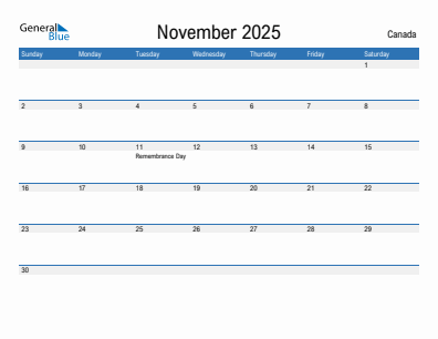 Current month calendar with Canada holidays for November 2025