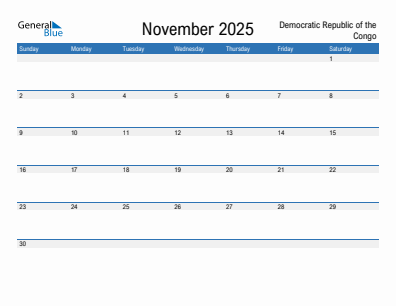 Current month calendar with Democratic Republic of the Congo holidays for November 2025