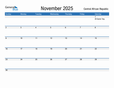 Current month calendar with Central African Republic holidays for November 2025