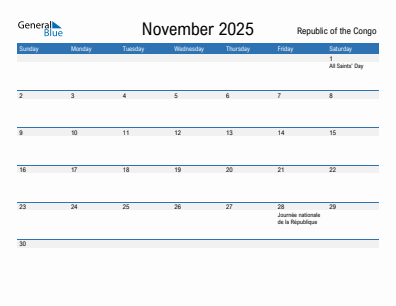 Current month calendar with Republic of the Congo holidays for November 2025