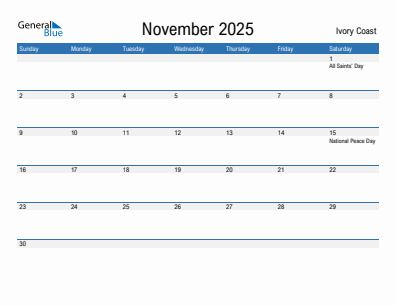 Current month calendar with Ivory Coast holidays for November 2025