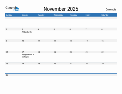 Current month calendar with Colombia holidays for November 2025