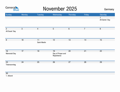 Current month calendar with Germany holidays for November 2025