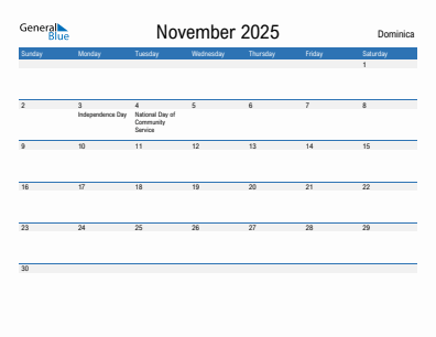 Current month calendar with Dominica holidays for November 2025