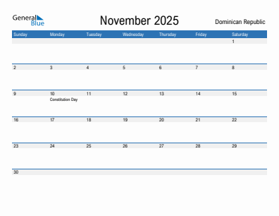 Current month calendar with Dominican Republic holidays for November 2025