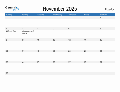 Current month calendar with Ecuador holidays for November 2025