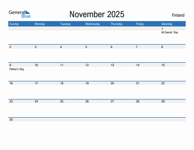 Current month calendar with Finland holidays for November 2025
