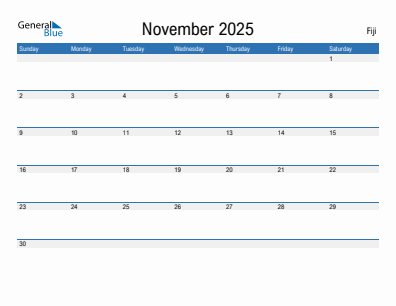 Current month calendar with Fiji holidays for November 2025