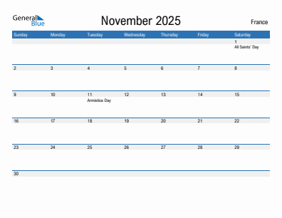 Current month calendar with France holidays for November 2025