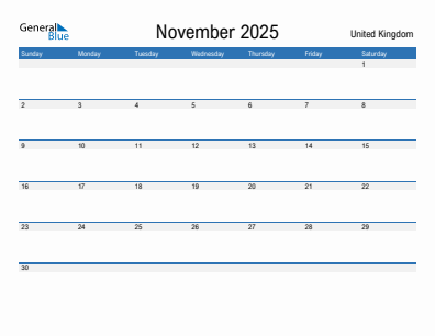 Current month calendar with United Kingdom holidays for November 2025