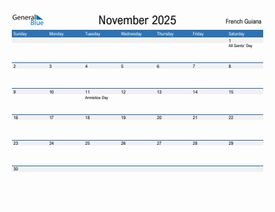 Current month calendar with French Guiana holidays for November 2025