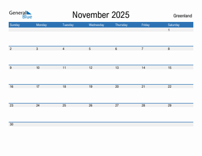 Current month calendar with Greenland holidays for November 2025