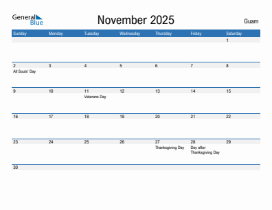 Current month calendar with Guam holidays for November 2025