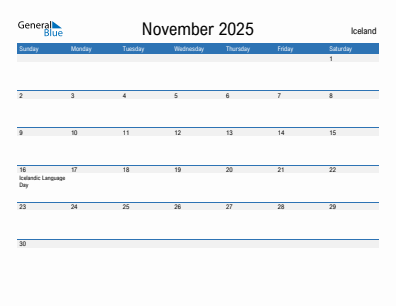 Current month calendar with Iceland holidays for November 2025