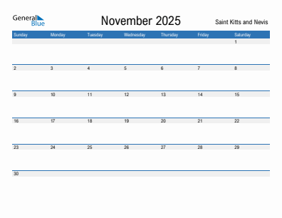 Current month calendar with Saint Kitts and Nevis holidays for November 2025