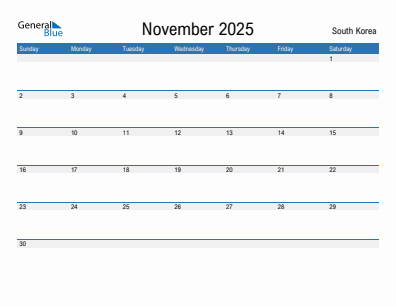 Current month calendar with South Korea holidays for November 2025