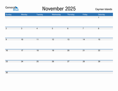 Current month calendar with Cayman Islands holidays for November 2025
