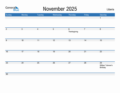 Current month calendar with Liberia holidays for November 2025