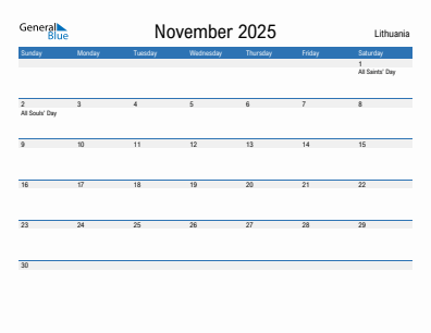 Current month calendar with Lithuania holidays for November 2025