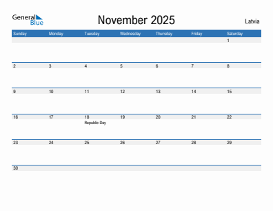 Current month calendar with Latvia holidays for November 2025