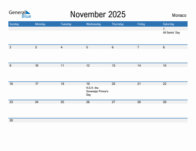 Current month calendar with Monaco holidays for November 2025