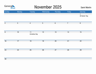 Current month calendar with Saint Martin holidays for November 2025