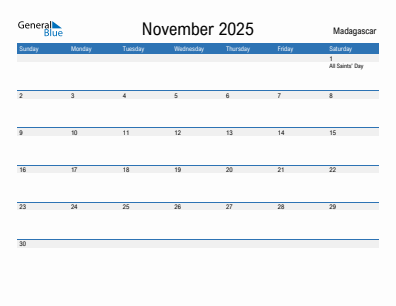 Current month calendar with Madagascar holidays for November 2025