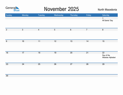 Current month calendar with North Macedonia holidays for November 2025