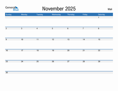 Current month calendar with Mali holidays for November 2025
