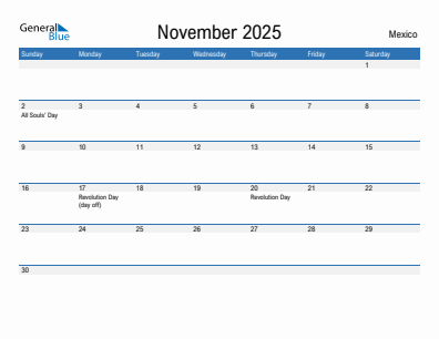 Current month calendar with Mexico holidays for November 2025
