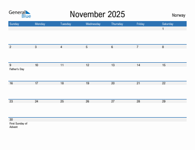 Current month calendar with Norway holidays for November 2025