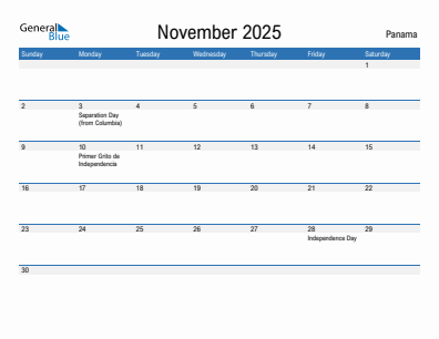 Current month calendar with Panama holidays for November 2025