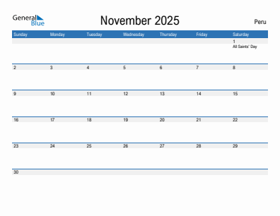 Current month calendar with Peru holidays for November 2025